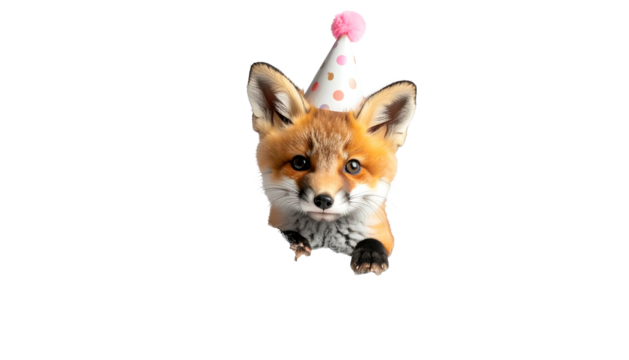 Adorable fox cub with brown fur and blue eyes, wearing a party hat, isolated on black - Powered by Adobe