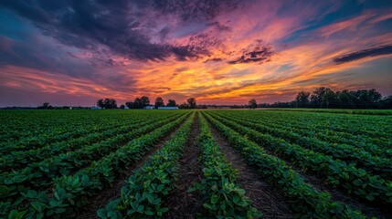 Vibrant sunset over lush green soybean field with dramatic sky.