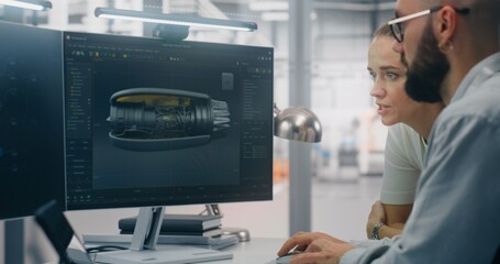 Engineers Analyzing Complex Engine Model on Monitor. Man and Woman Engineering Team Collaborating Over Large Monitor Displays Detailed 3D Model of Mechanical Part. Concept of Collaborative 3D Design.