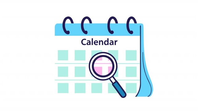 Calendar with magnifying glass. Calendar date search animation, alpha channel. Cartoon