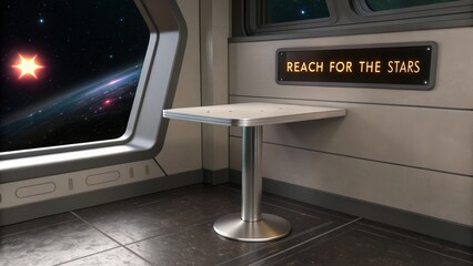 Futuristic Table Inside Space Station with Galactic View