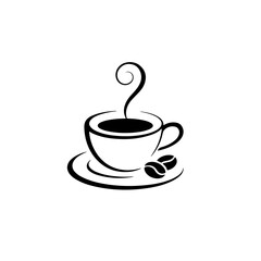 Black coffee cup icon with steam simple flat vector for cafe and beverage. Hot coffee cup icon.Coffee Mug and Beans Logo Design. Minimalist Black Coffee Shop Symbol.