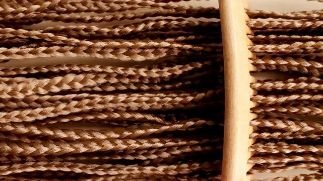Closeup texture of Beautiful Long Smooth Flowing Brown Hair Braided into Pigtails Blowing in the Wind in Slow Motion. Natural hair care concept and barbershop or hairdressing. Healthy Shiny Hairs. 4k