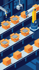 Automated Factory Logistics: Robotic Arm on Conveyor Belt with Packages