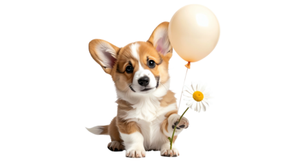 An adorable corgi puppy, holding a balloon and daisy, smiles on a transparent background