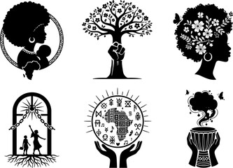 African American Heritage and Empowerment Vector Set: Motherhood, Freedom, Unity, and Black Pride Silhouettes Bundle for Juneteenth, Kwanzaa, and Social Justice © MD FARID