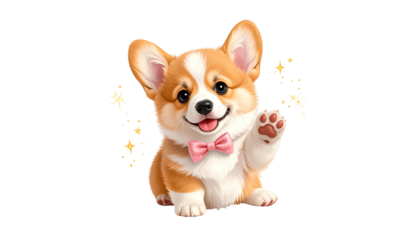 Adorable cartoon corgi waving with a pink bow tie and sparkly effects, black background