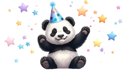 Adorable panda with party hat and outstretched arms, surrounded by colorful stars