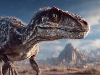 a dinosaur-like creature with a detailed texture, featuring a rugged, spiny appearance and a large, round eye. The background shows a barren, rocky landscape under a cloudy sky.