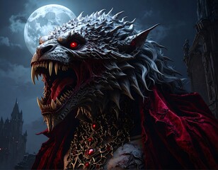 Terrifying, monstrous creature with sharp fangs and a red cape under the moon
