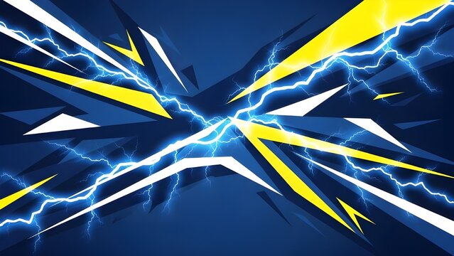 An abstract blue background with glowing lightning flashes, combined with yellow and white geometric shapes, creates a sense of high-tech modern energy, power and dynamism. - Powered by Adobe