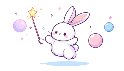 Whimsical bunny with a magic wand amidst floating orbs and stars on a black background