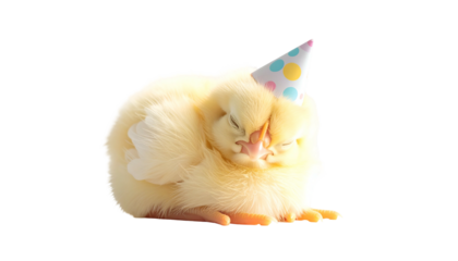 A fluffy yellow chick, wearing a party hat, sleeps peacefully against a black background