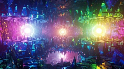Vibrant futuristic cavern with colorful crystalline formations and luminous orbs