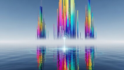 Vibrant futuristic cityscape with colorful neon skyscrapers reflected on water surface creating an