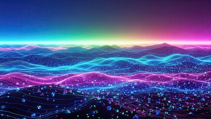 Vibrant futuristic digital landscape with glowing wave patterns and colorful horizons