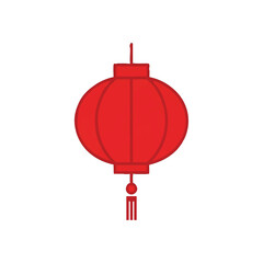A vibrant red cartoon lantern with a simple design and tassel hangs against a clean white background, conveying a cute and festive mood with bold lines.