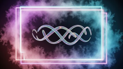 vibrant futuristic neon frame surrounding a dynamic DNA-like helix structure in colorful smoky