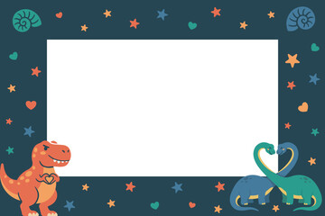 Cute dinosaur Valentine's Day frame with copy space. Boy-friendly background featuring T-Rex and ancient fossils. Vector flat design border for kids greeting card or nursery room decoration. © The Flat Lab