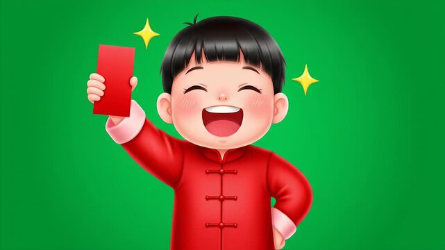 Happy boy with red envelope for Chinese New Year on green.