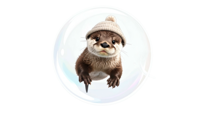 A whimsical image featuring a cute otter wearing a knit cap inside a large soap bubble