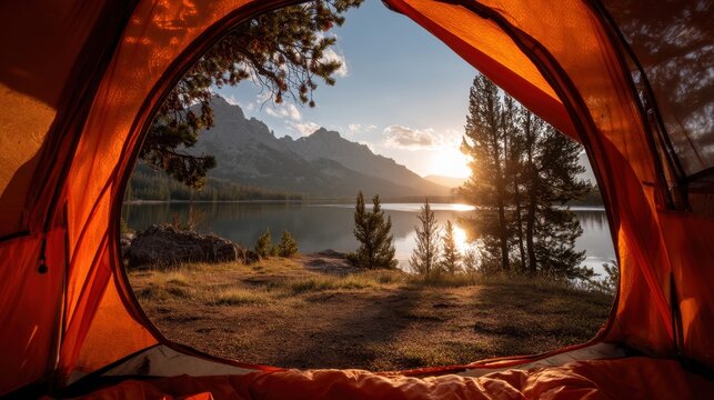 Scenic lake view from inside a tent during sunset in the mountains.