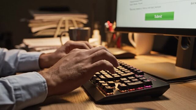 Filing annual taxes late night on computer completing financial forms