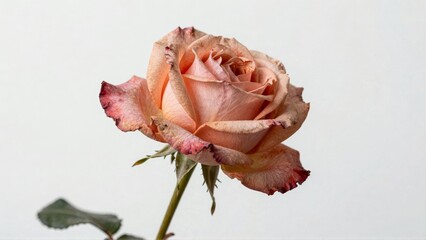 Wilted peach rose with browned petals on white background