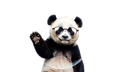 Adorable panda bear wearing glasses, waving a friendly hello on a stark black backdrop