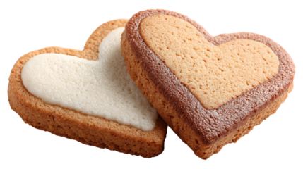 Two heart shaped cookies with white and brown icing on transparent background