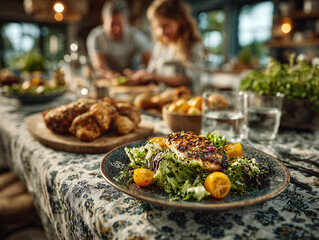 a table set for a meal with a plate of grilled salmon on a bed of salad in the foreground. In the background, there are people gathered around the table, enjoying the meal