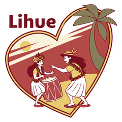 Lihue Hawaii Sunset Heart Illustration with Hula Dancers
