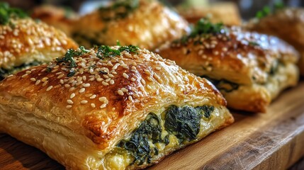 Golden puff pastry appetizers filled with spinach and cheese, garnished with sesame seeds and herbs