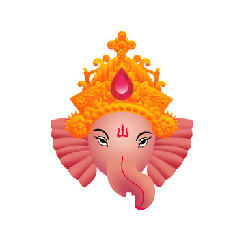 Illustrated head of Hindu deity Ganesha wearing an ornate golden crown with a ruby gem.