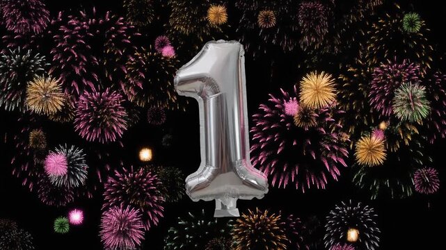 Silver balloon number 1 with fireworks in the background. Festive scene for birthday or anniversary party