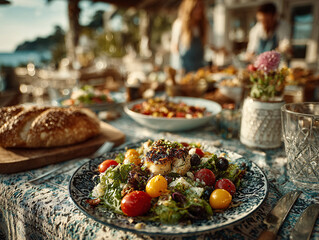 a table set for a meal with a plate of grilled salmon on a bed of salad in the foreground. In the background, there are people gathered around the table, enjoying the meal