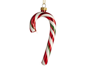 A festive, broken candy cane ornament hangs against a black backdrop