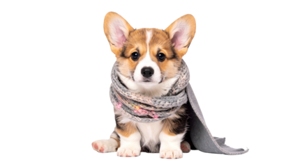A Pembroke Welsh Corgi puppy, with a tri-color coat and scarf, isolated on black