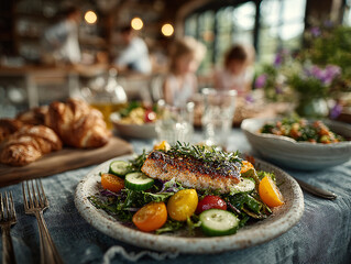 a table set for a meal with a plate of grilled salmon on a bed of salad in the foreground. In the background, there are people gathered around the table, enjoying the meal