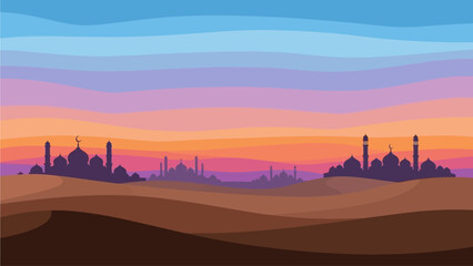 Ramadan and Isra Miraj Desert Background with Mosque Silhouette, Layered Sand Dunes, and Colorful Sunset Sky Vector