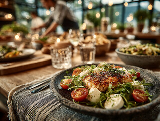 a table set for a meal with a plate of grilled salmon on a bed of salad in the foreground. In the background, there are people gathered around the table, enjoying the meal