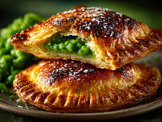  two puff pastry pockets filled with green peas and a creamy filling, garnished with fresh parsley leaves.