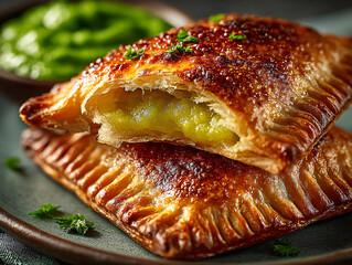  two puff pastry pockets filled with green peas and a creamy filling, garnished with fresh parsley leaves.