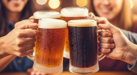 Friends making a toast with cold beer mugs, celebrating a happy moment together.