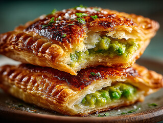 two puff pastry pockets filled with green peas and a creamy filling, garnished with fresh parsley leaves.