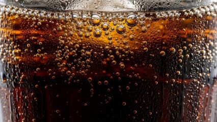 Close-up of cold soda with bubbles in a glass