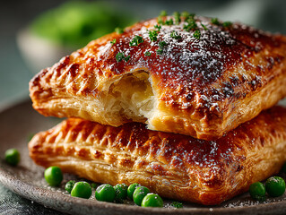  two puff pastry pockets filled with green peas and a creamy filling, garnished with fresh parsley leaves.