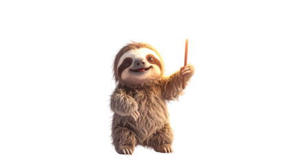 Cartoon sloth, furry, standing, holding stick, smiling, lit, dark background