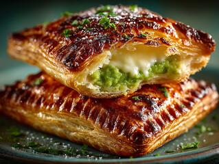  two puff pastry pockets filled with green peas and a creamy filling, garnished with fresh parsley leaves.