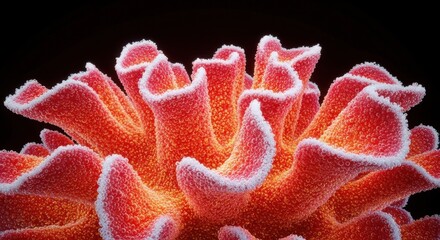 Bright red coral with white edges and tiny bubbles against a dark background.